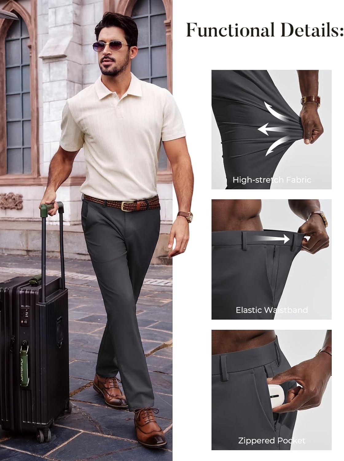 imagePJ PAUL JONES Mens Dress Pants 4Way Stretch Tapered Trousers Extended Waist Dress Pant Casual Golf PantsDark Gray