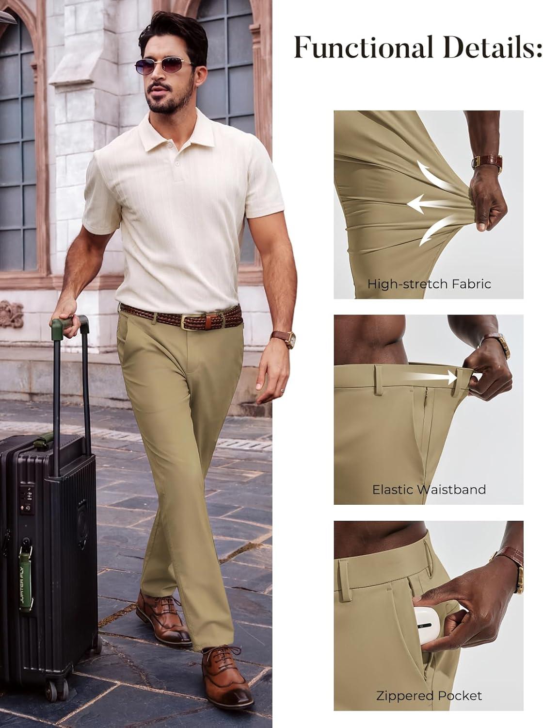imagePJ PAUL JONES Mens Dress Pants 4Way Stretch Tapered Trousers Extended Waist Dress Pant Casual Golf PantsKhaki
