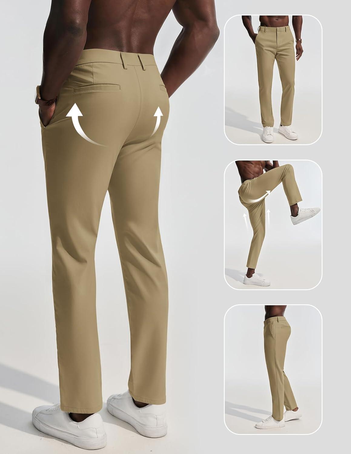 imagePJ PAUL JONES Mens Dress Pants 4Way Stretch Tapered Trousers Extended Waist Dress Pant Casual Golf PantsKhaki