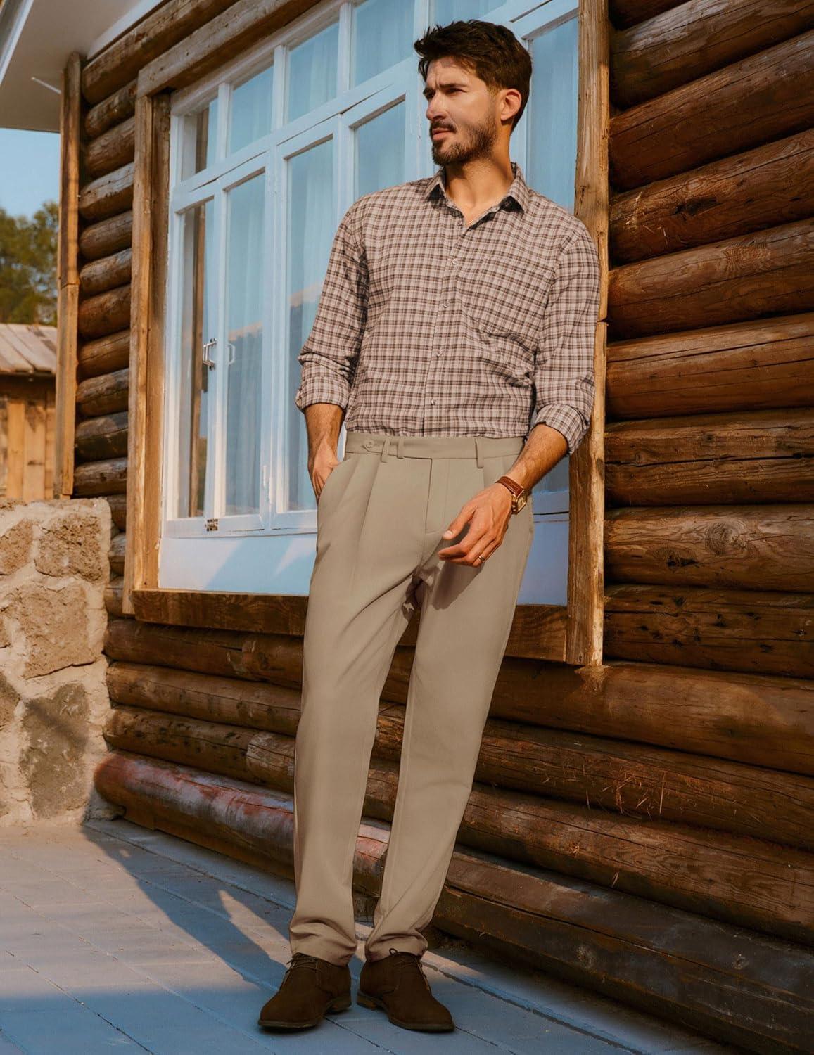 imagePJ PAUL JONES Mens Dress Pants Vintage Pleated Tapered Cropped Trousers Extended Waist Dress Pant Casual SlacksCamel