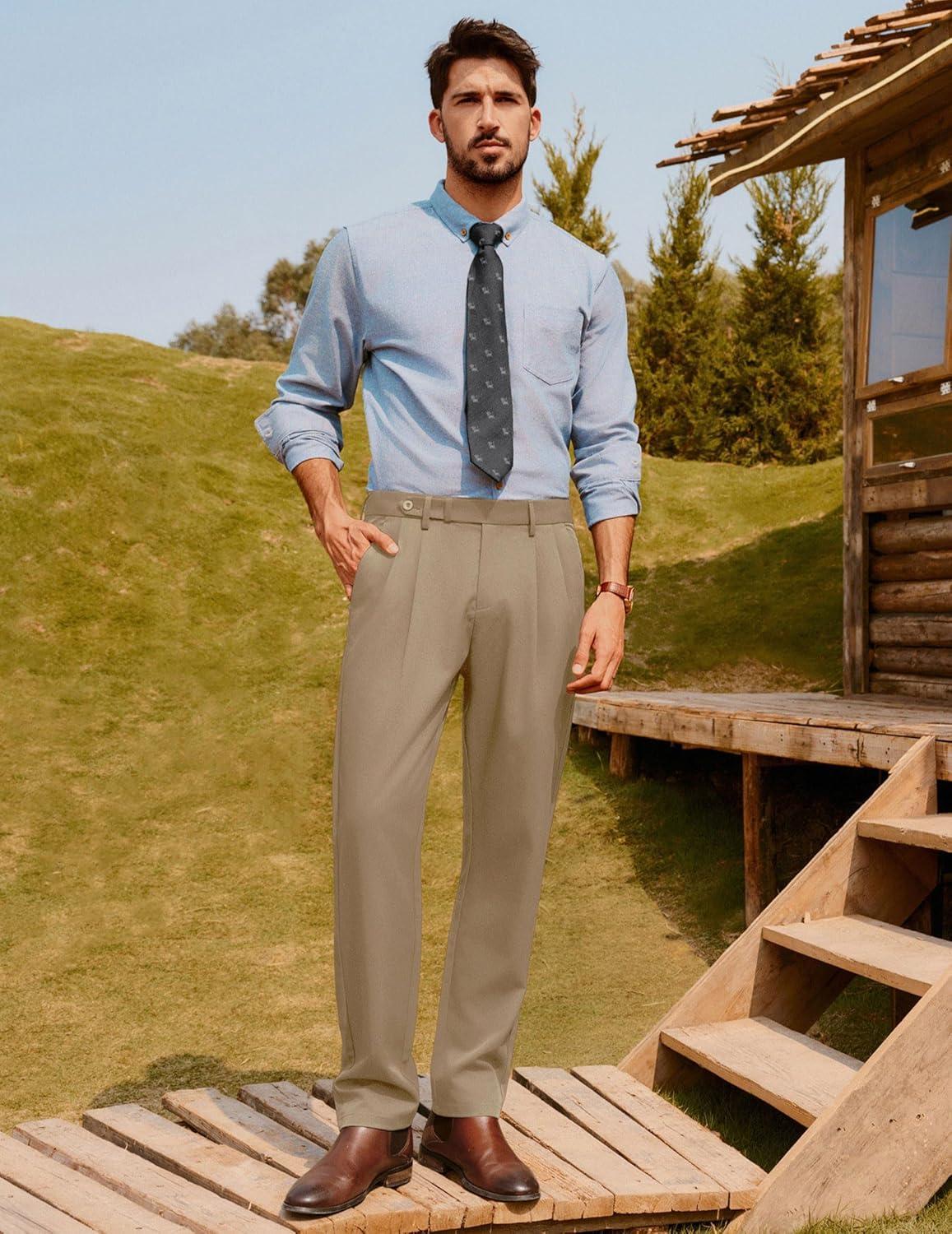 imagePJ PAUL JONES Mens Dress Pants Vintage Pleated Tapered Cropped Trousers Extended Waist Dress Pant Casual SlacksCamel
