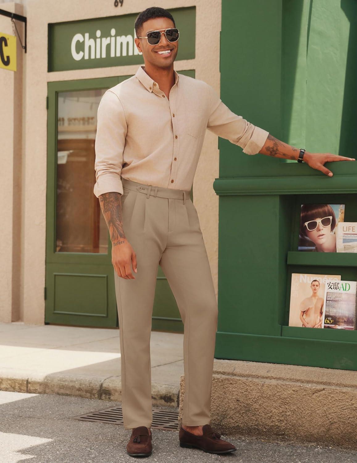 imagePJ PAUL JONES Mens Dress Pants Vintage Pleated Tapered Cropped Trousers Extended Waist Dress Pant Casual SlacksCamel
