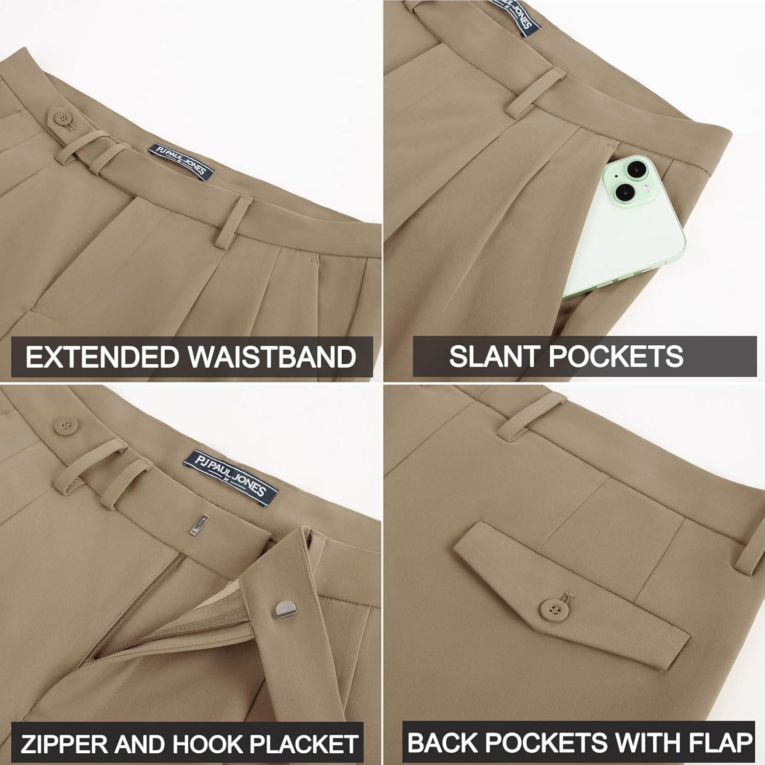 imagePJ PAUL JONES Mens Dress Pants Vintage Pleated Tapered Cropped Trousers Extended Waist Dress Pant Casual SlacksCamel