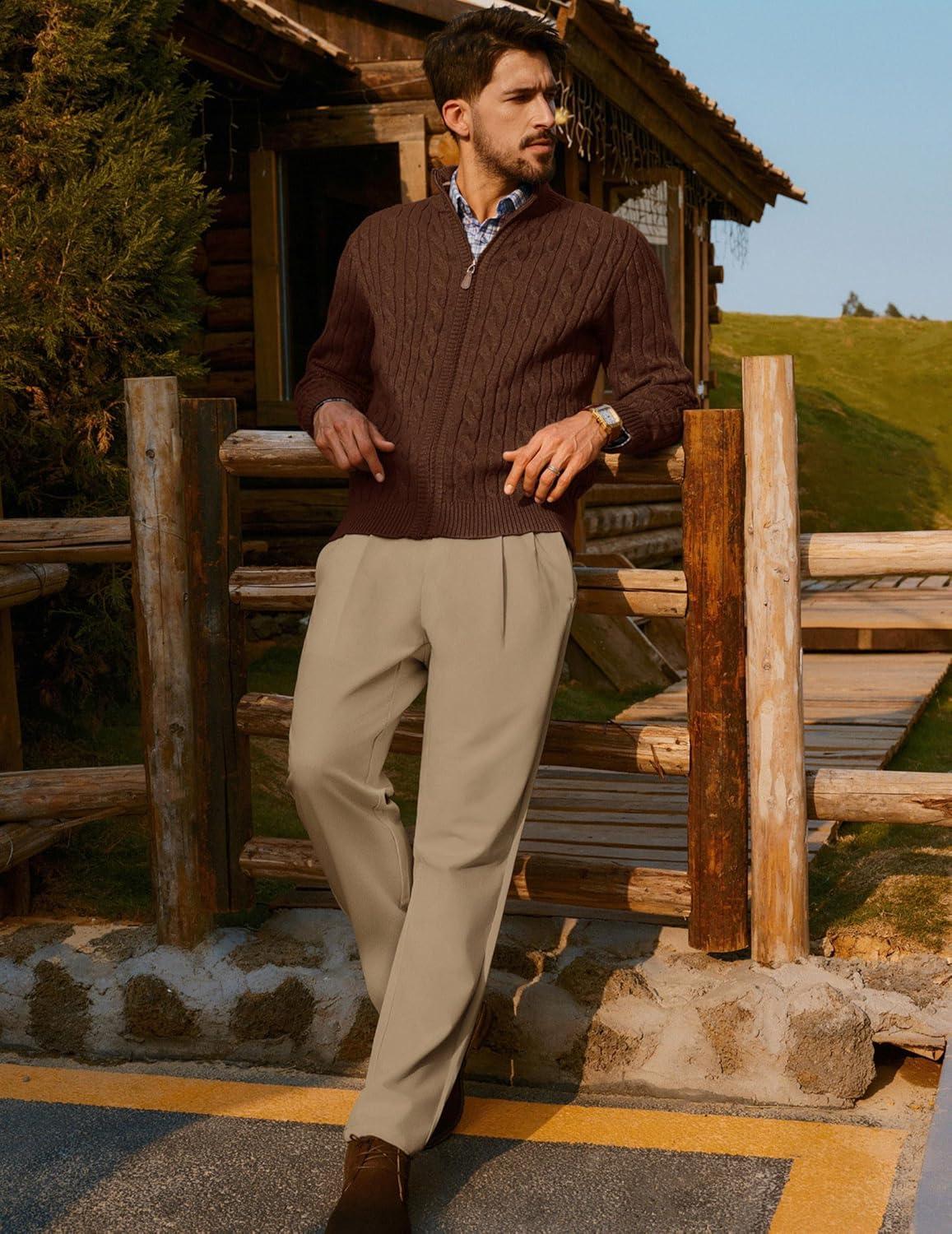 imagePJ PAUL JONES Mens Dress Pants Vintage Pleated Tapered Cropped Trousers Extended Waist Dress Pant Casual SlacksCamel