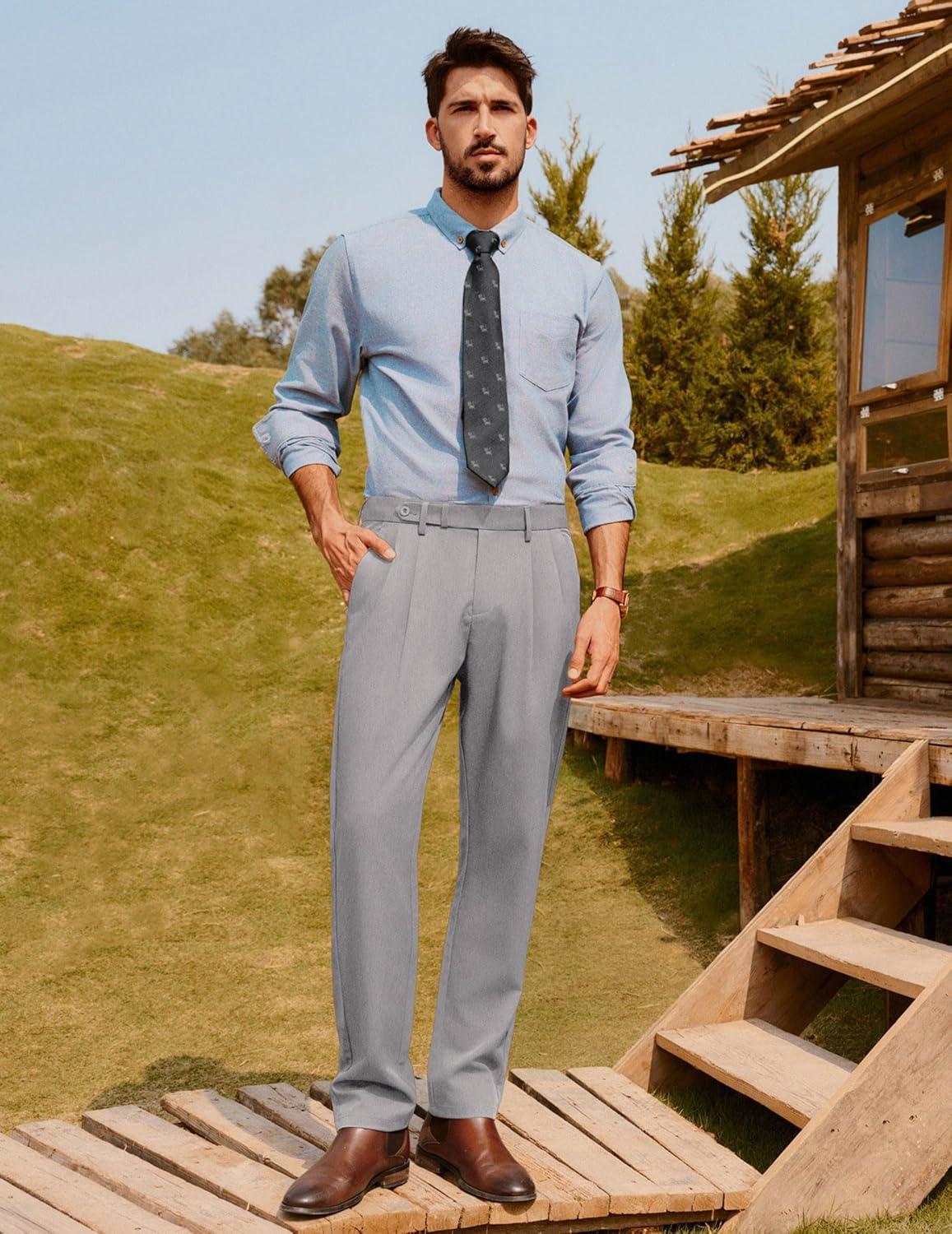 imagePJ PAUL JONES Mens Dress Pants Vintage Pleated Tapered Cropped Trousers Extended Waist Dress Pant Casual SlacksLight Gray