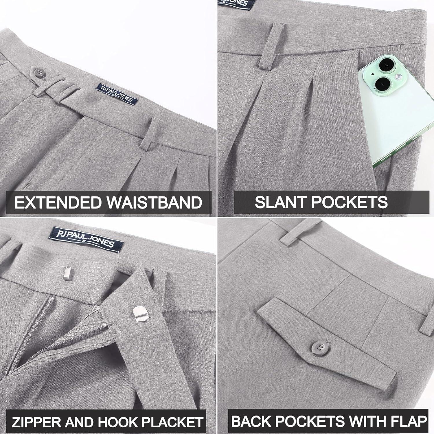 imagePJ PAUL JONES Mens Dress Pants Vintage Pleated Tapered Cropped Trousers Extended Waist Dress Pant Casual SlacksLight Gray