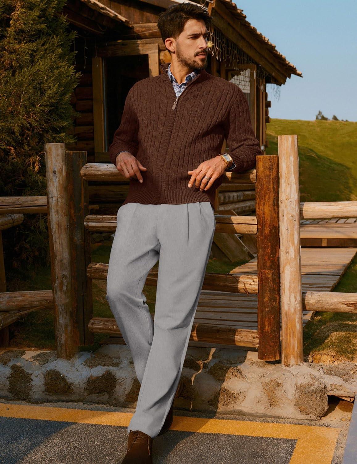 imagePJ PAUL JONES Mens Dress Pants Vintage Pleated Tapered Cropped Trousers Extended Waist Dress Pant Casual SlacksLight Gray