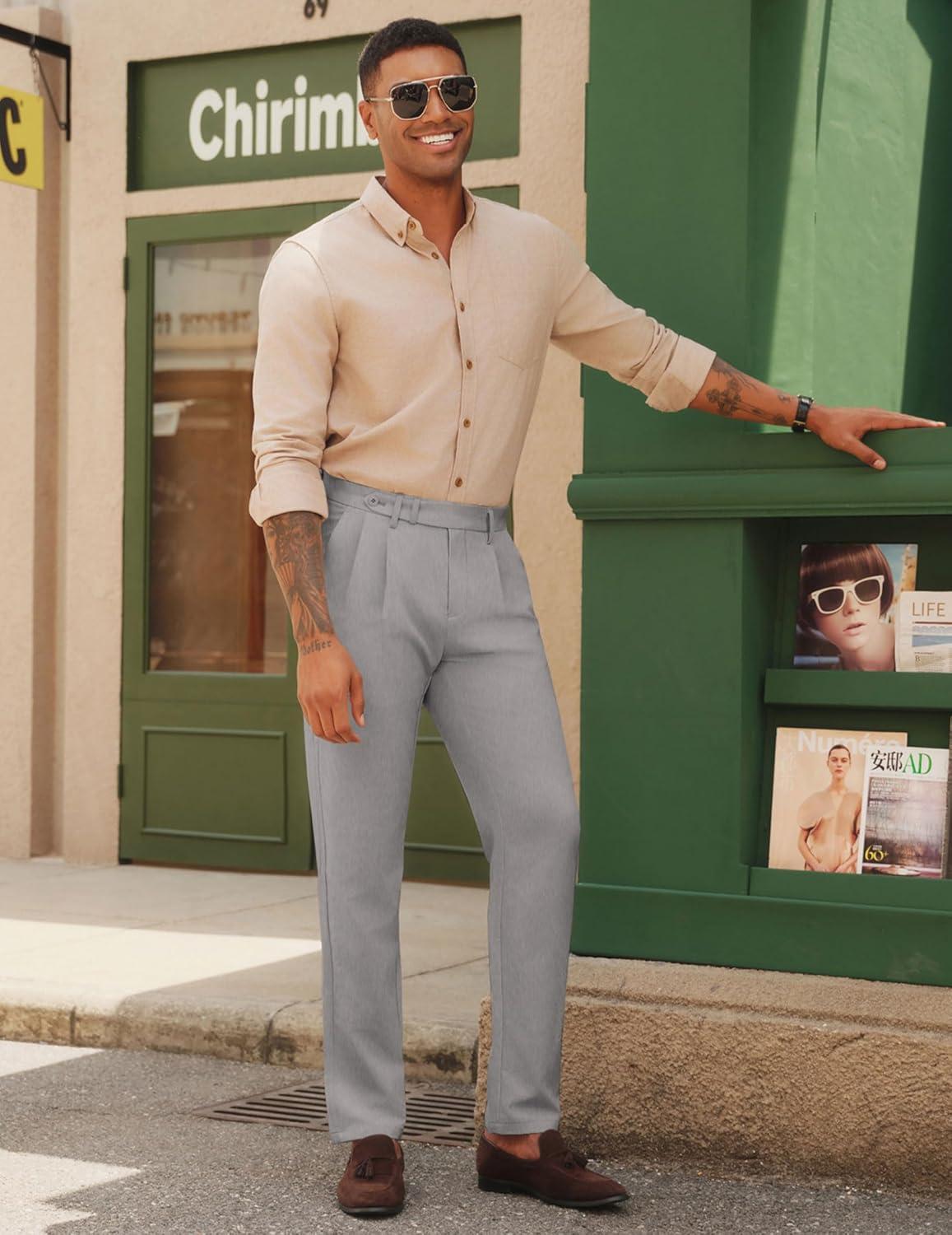 imagePJ PAUL JONES Mens Dress Pants Vintage Pleated Tapered Cropped Trousers Extended Waist Dress Pant Casual SlacksLight Gray