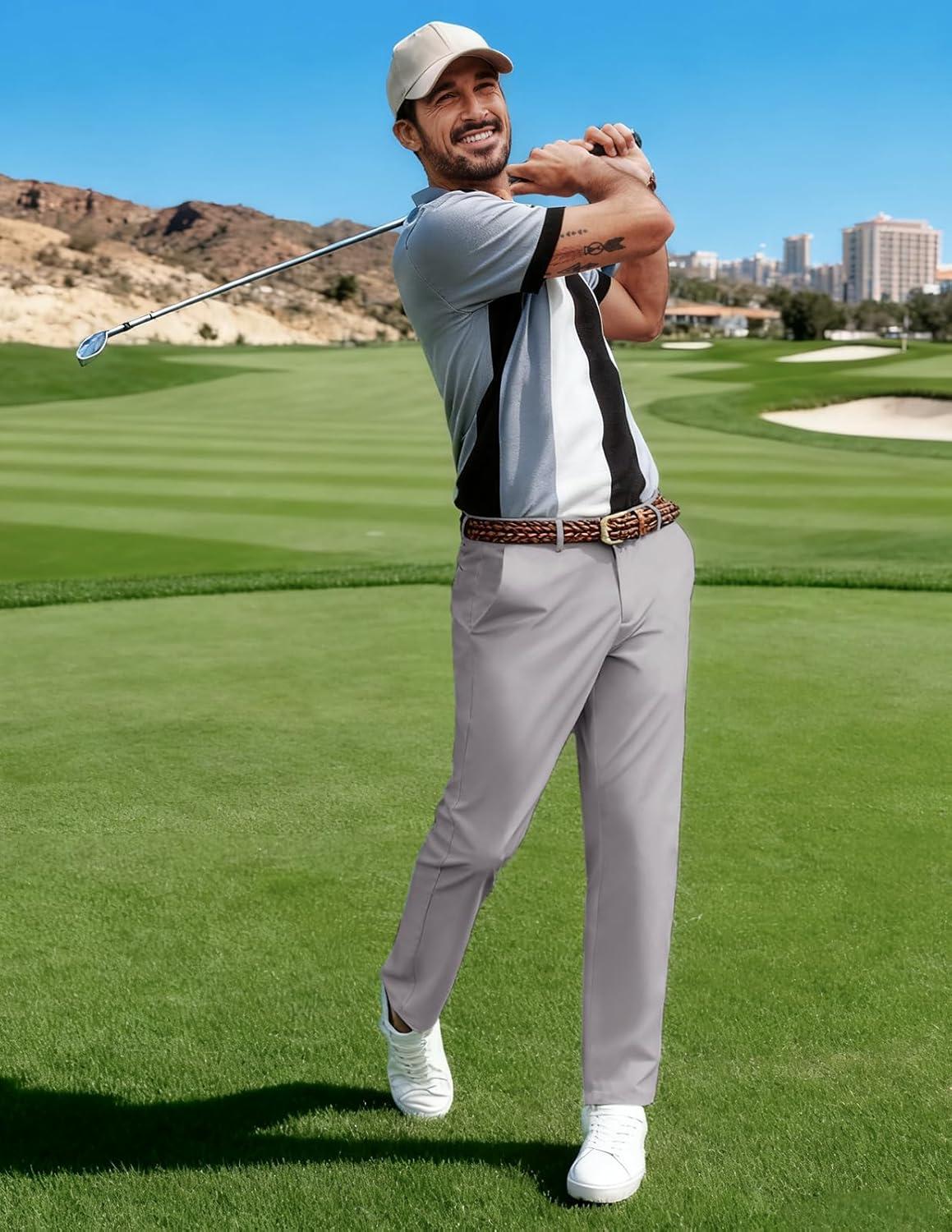 imagePJ PAUL JONES Mens Golf Pants Casual Stretch Slim Fit Tapered Dress Pants Lightweight Wrinkle Free TrousersSilver Gray