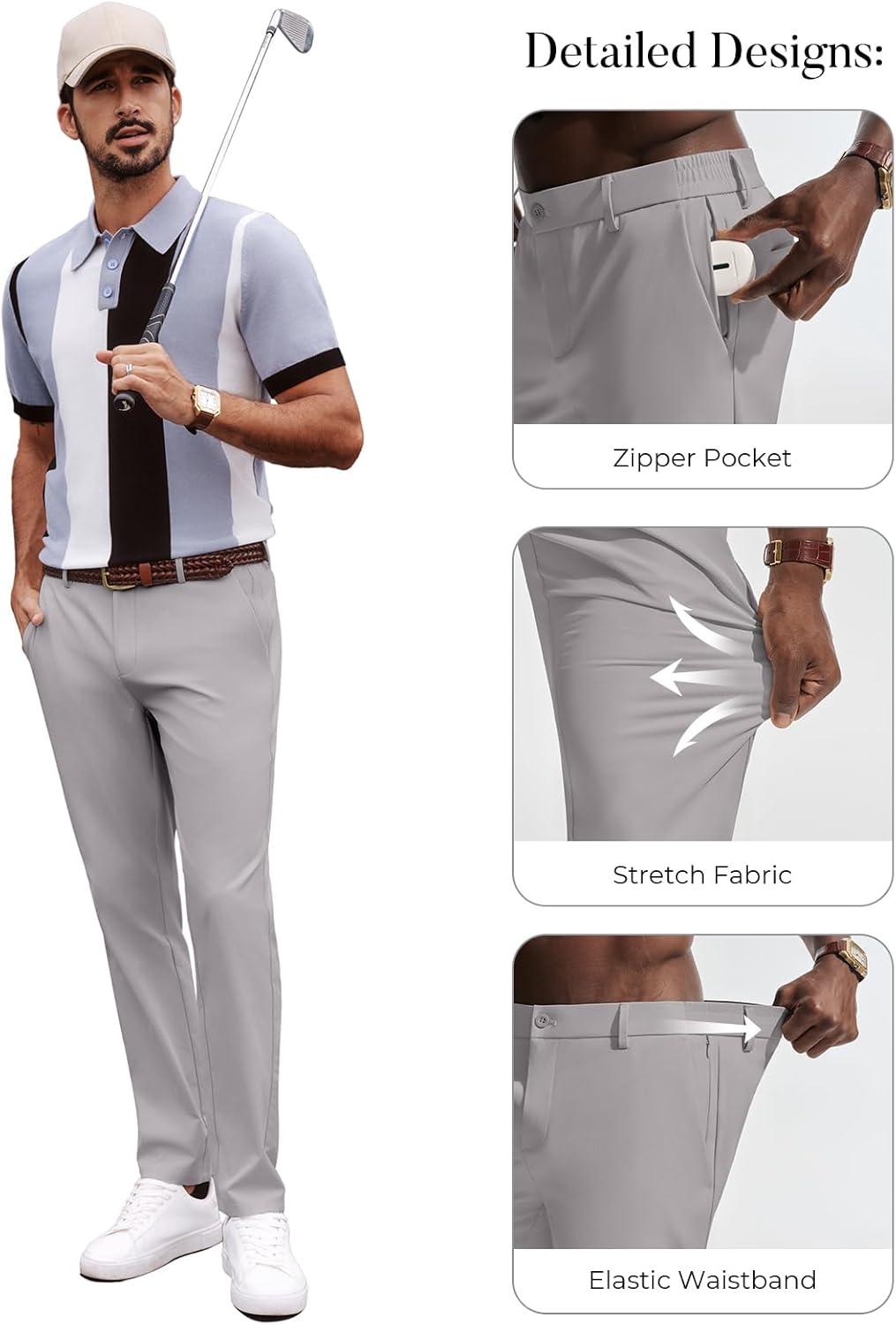 imagePJ PAUL JONES Mens Golf Pants Casual Stretch Slim Fit Tapered Dress Pants Lightweight Wrinkle Free TrousersSilver Gray