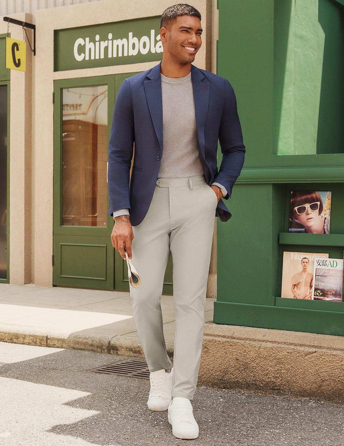 imagePJ PAUL JONES Mens Golf Pants Stretch Work Dress Pant Casual Classic Fit Lightweight Slacks Trousers with 5 PocketsBeige Extended Waist