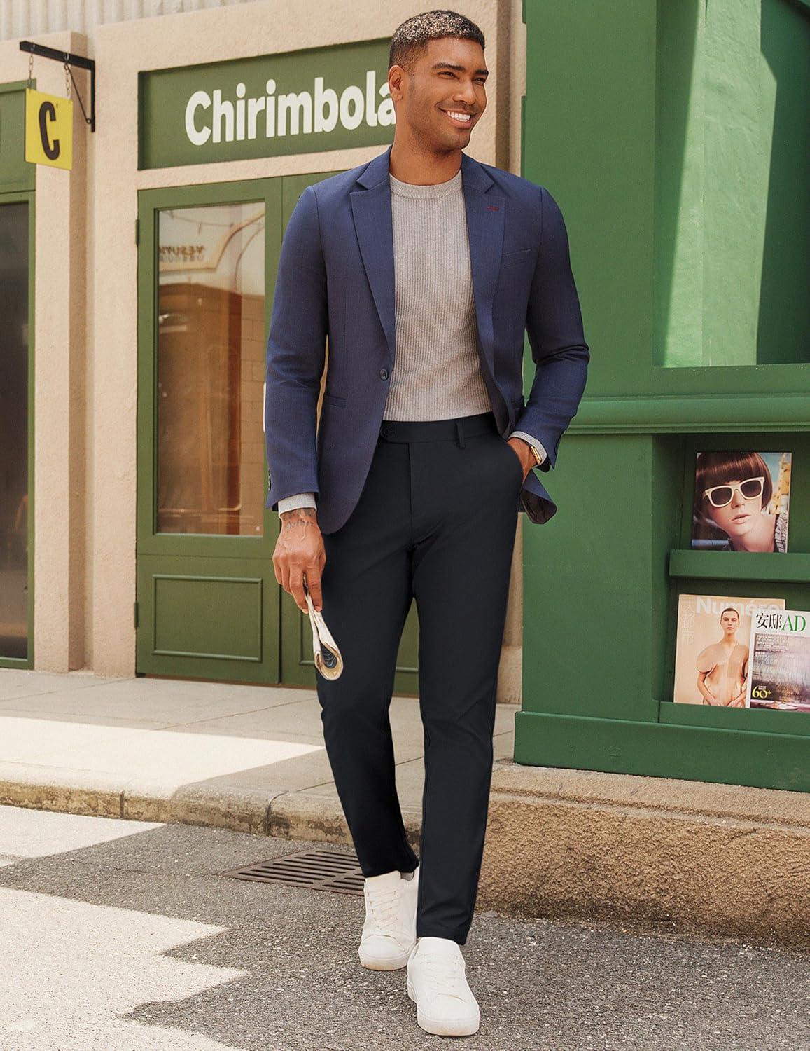 imagePJ PAUL JONES Mens Golf Pants Stretch Work Dress Pant Casual Classic Fit Lightweight Slacks Trousers with 5 PocketsDark Blue Grey Extended Waist