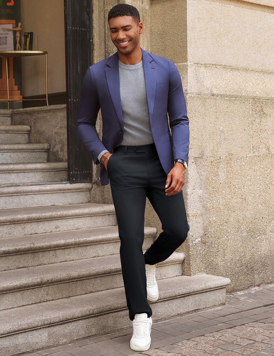 imagePJ PAUL JONES Mens Golf Pants Stretch Work Dress Pant Casual Classic Fit Lightweight Slacks Trousers with 5 PocketsDark Blue Grey Extended Waist
