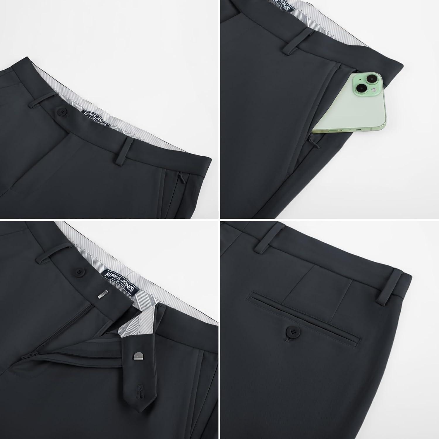 imagePJ PAUL JONES Mens Golf Pants Stretch Work Dress Pant Casual Classic Fit Lightweight Slacks Trousers with 5 PocketsDark Blue Grey Extended Waist