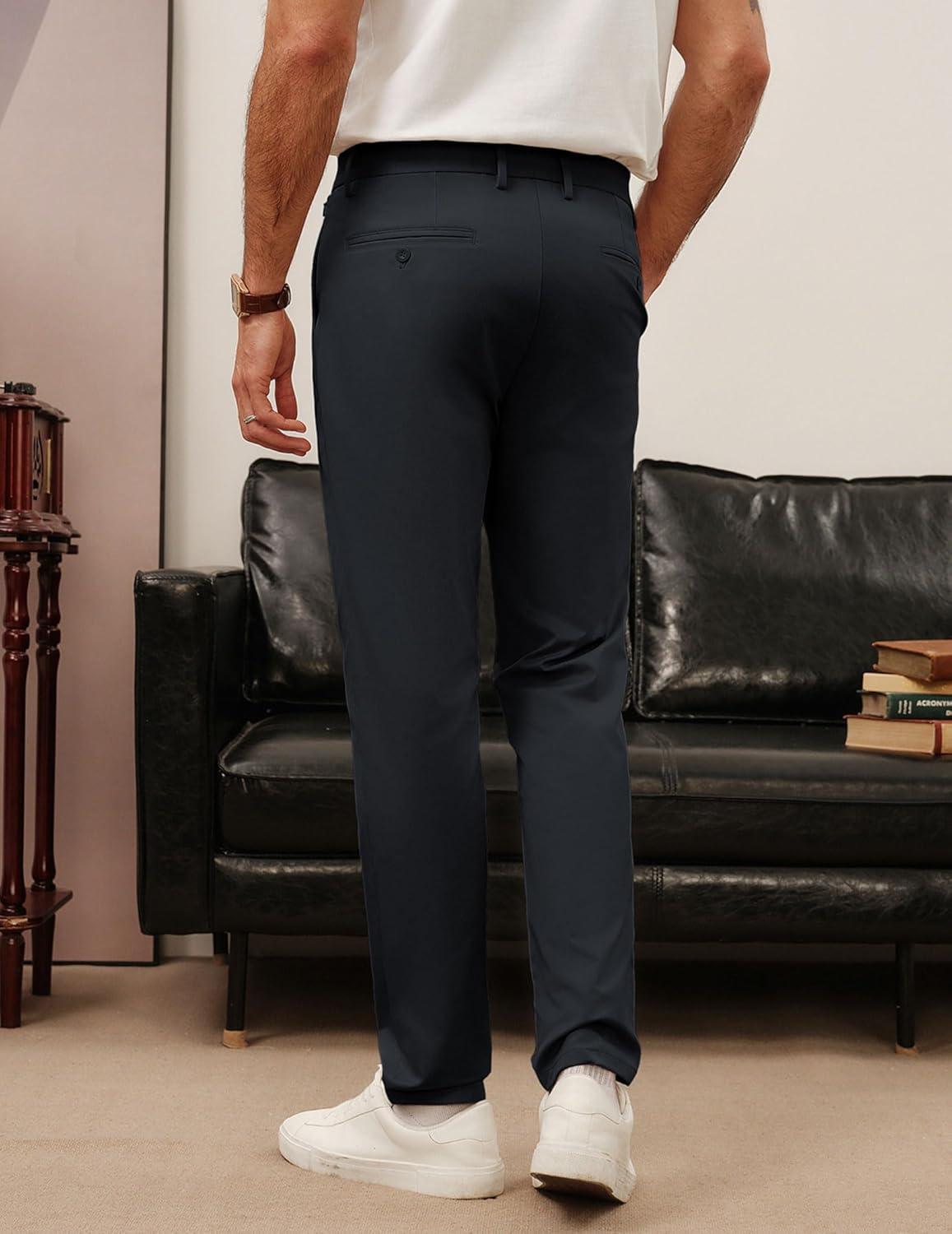 imagePJ PAUL JONES Mens Golf Pants Stretch Work Dress Pant Casual Classic Fit Lightweight Slacks Trousers with 5 PocketsDark Blue Grey Extended Waist