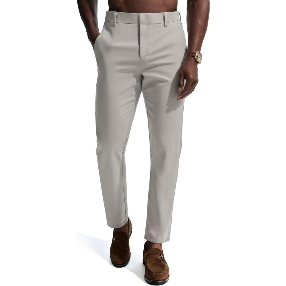 imagePJ PAUL JONES Mens Dress Pants 4Way Stretch Tapered Trousers Extended Waist Dress Pant Casual Golf PantsBeige Gray