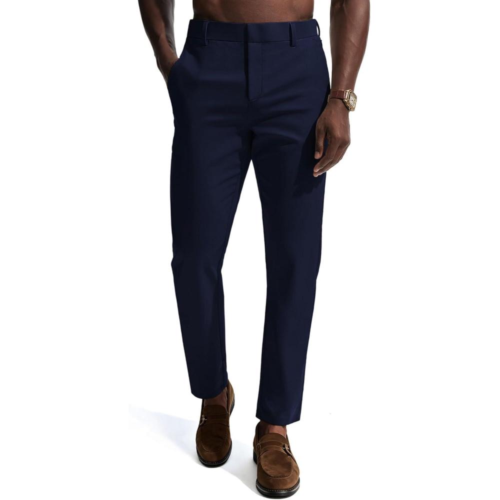 imagePJ PAUL JONES Mens Dress Pants 4Way Stretch Tapered Trousers Extended Waist Dress Pant Casual Golf PantsDark Blue