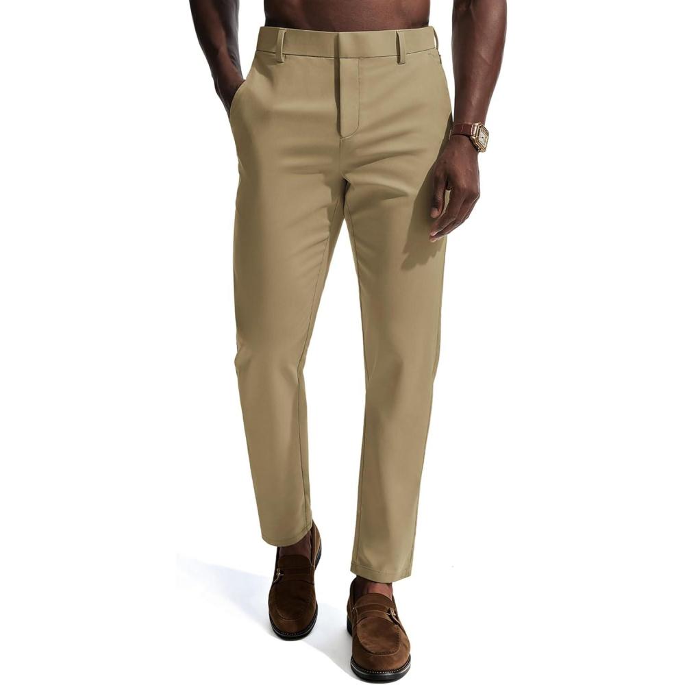 imagePJ PAUL JONES Mens Dress Pants 4Way Stretch Tapered Trousers Extended Waist Dress Pant Casual Golf PantsKhaki