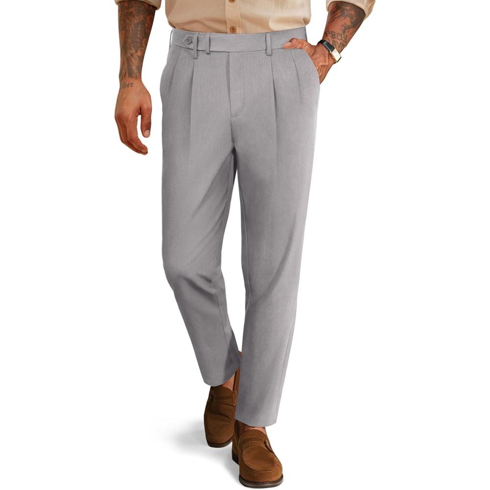 imagePJ PAUL JONES Mens Dress Pants Vintage Pleated Tapered Cropped Trousers Extended Waist Dress Pant Casual SlacksLight Gray