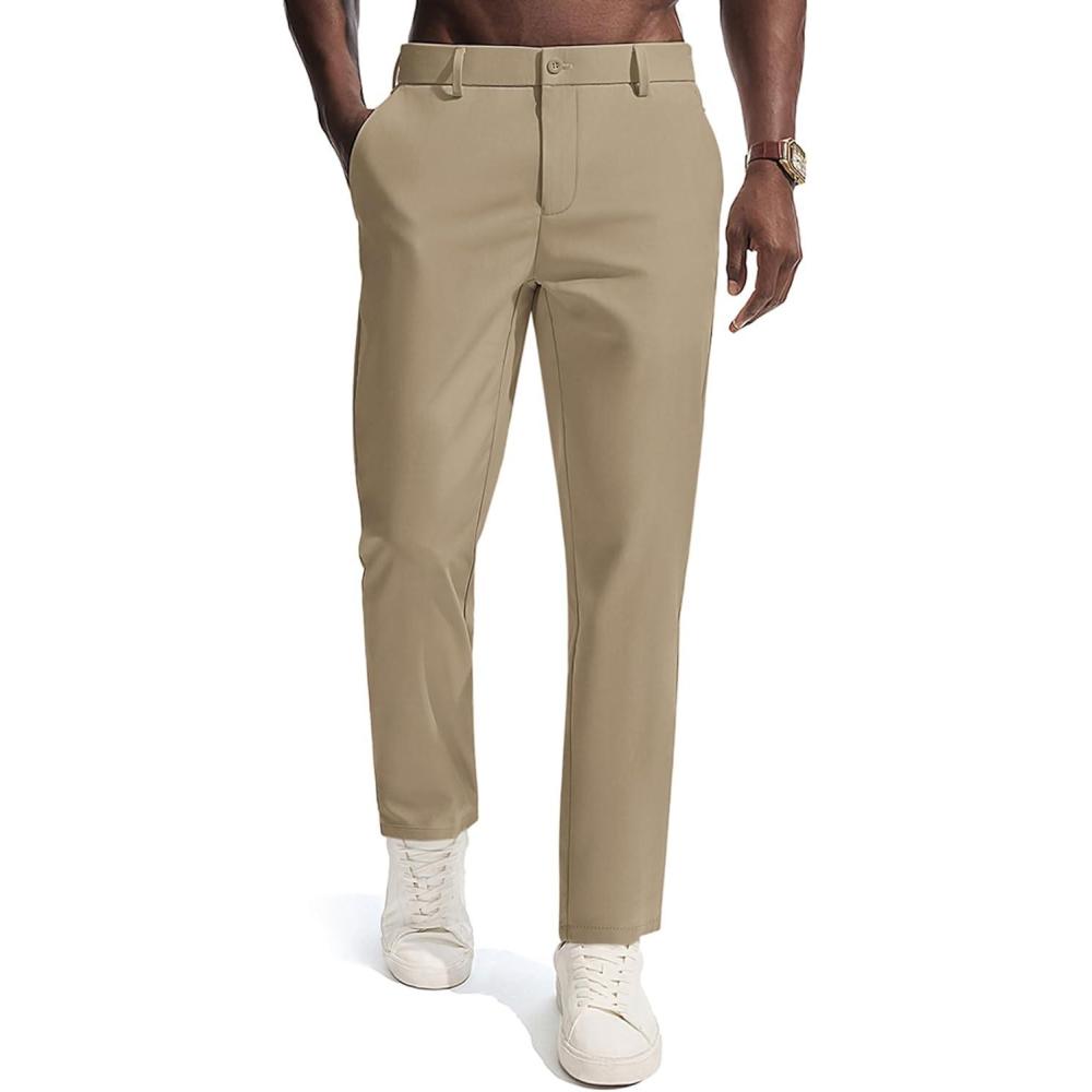 imagePJ PAUL JONES Mens Golf Pants Casual Stretch Slim Fit Tapered Dress Pants Lightweight Wrinkle Free TrousersKhaki