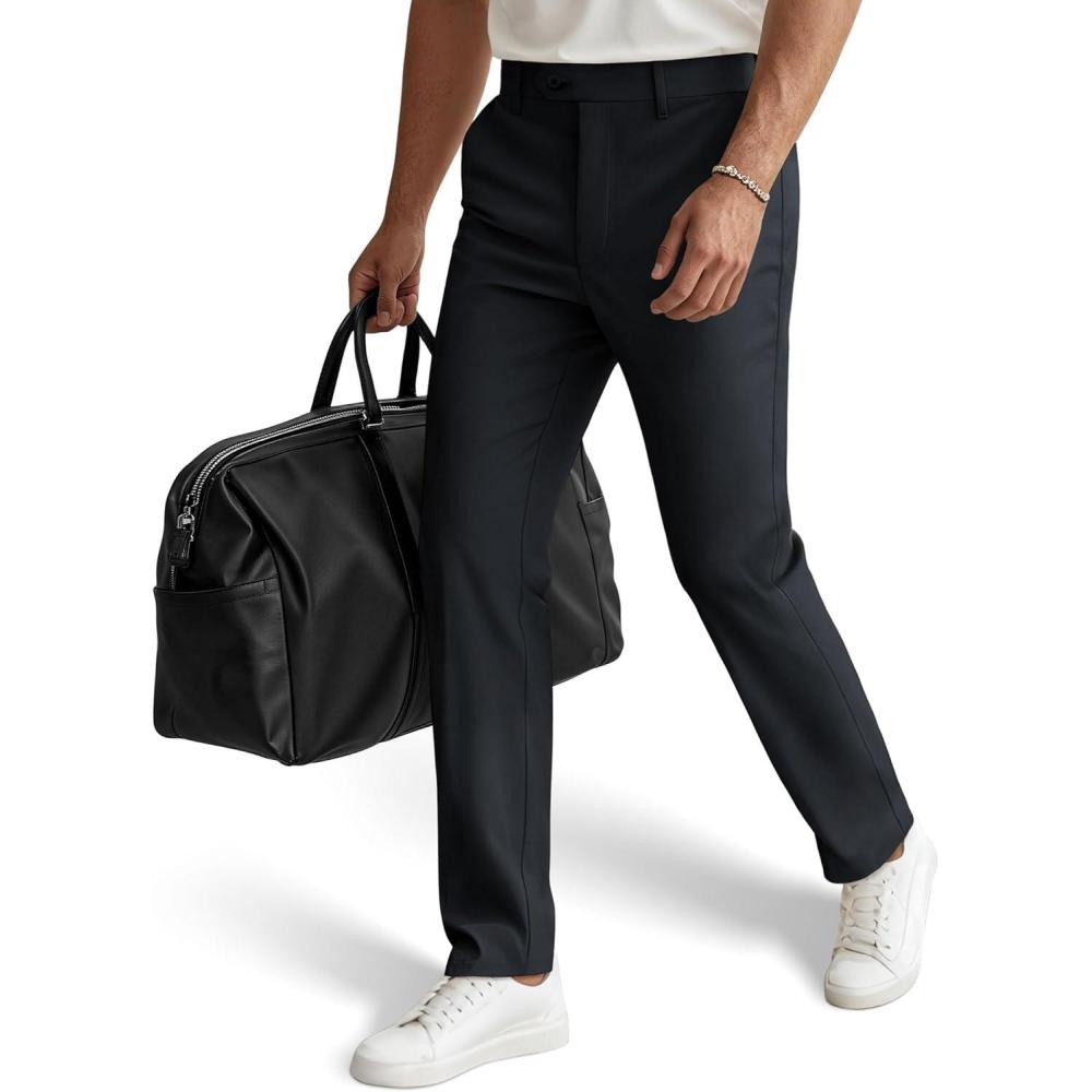 imagePJ PAUL JONES Mens Golf Pants Stretch Work Dress Pant Casual Classic Fit Lightweight Slacks Trousers with 5 PocketsDark Blue Grey Extended Waist