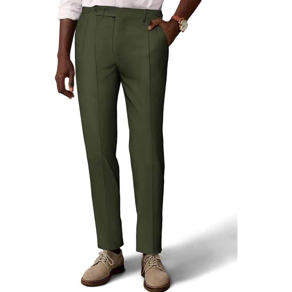 imagePJ PAUL JONES Mens Linen Slim Fit Pleated Front TrousersArmy Green