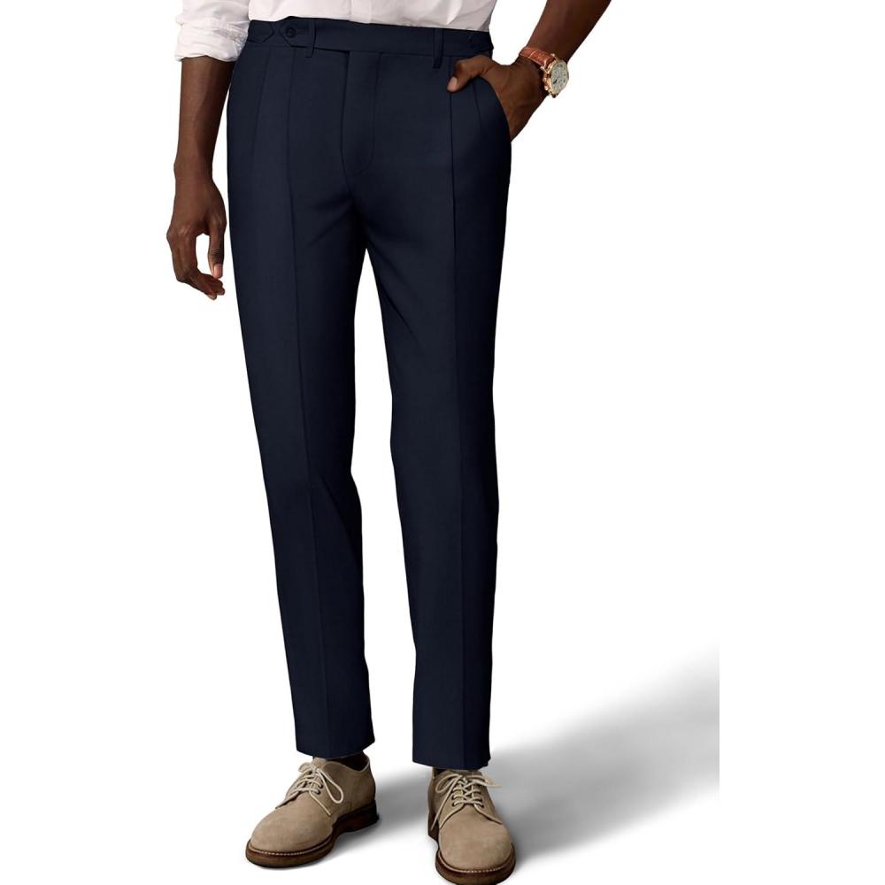 imagePJ PAUL JONES Mens Linen Slim Fit Pleated Front TrousersNavy Blue