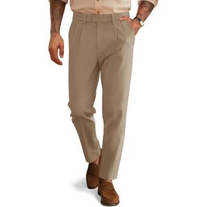 PJ PAUL JONES Mens Dress Pants Vintage Pleated Tapered Cropped Trousers Extended Waist Dress Pant Casual Slacks(Camel)
