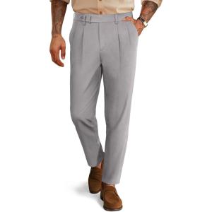 PJ PAUL JONES Mens Dress Pants Vintage Pleated Tapered Cropped Trousers Extended Waist Dress Pant Casual Slacks(Light Gray)