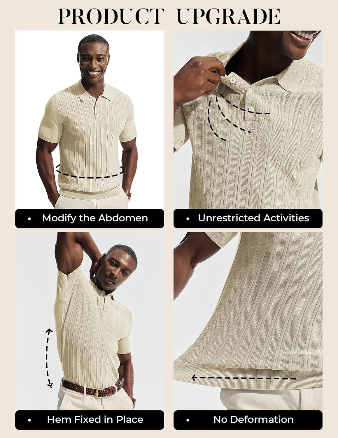 imagePJ APUL Jones Mens Knit Polo Shirts Short Sleeve Stretch Texture Knitted Polo Shirts Casual Lightweight Golf ShirtBeige