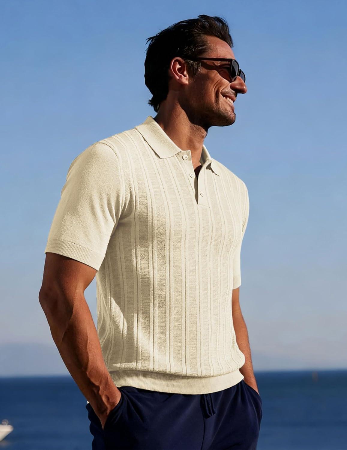 imagePJ APUL Jones Mens Knit Polo Shirts Short Sleeve Stretch Texture Knitted Polo Shirts Casual Lightweight Golf ShirtBeige