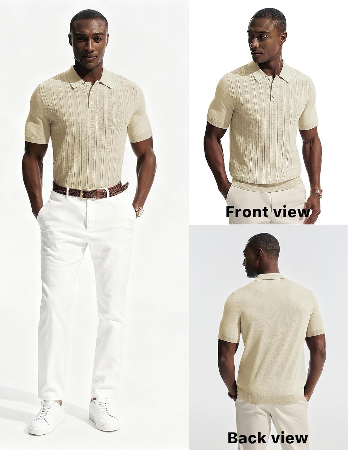 imagePJ APUL Jones Mens Knit Polo Shirts Short Sleeve Stretch Texture Knitted Polo Shirts Casual Lightweight Golf ShirtBeige