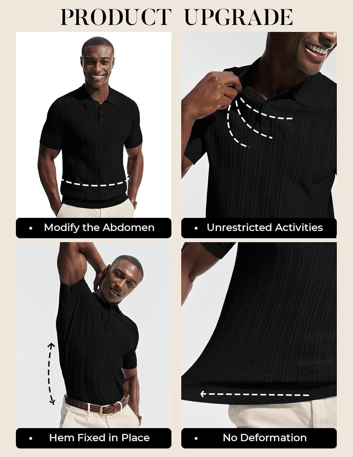 imagePJ APUL Jones Mens Knit Polo Shirts Short Sleeve Stretch Texture Knitted Polo Shirts Casual Lightweight Golf ShirtBlack