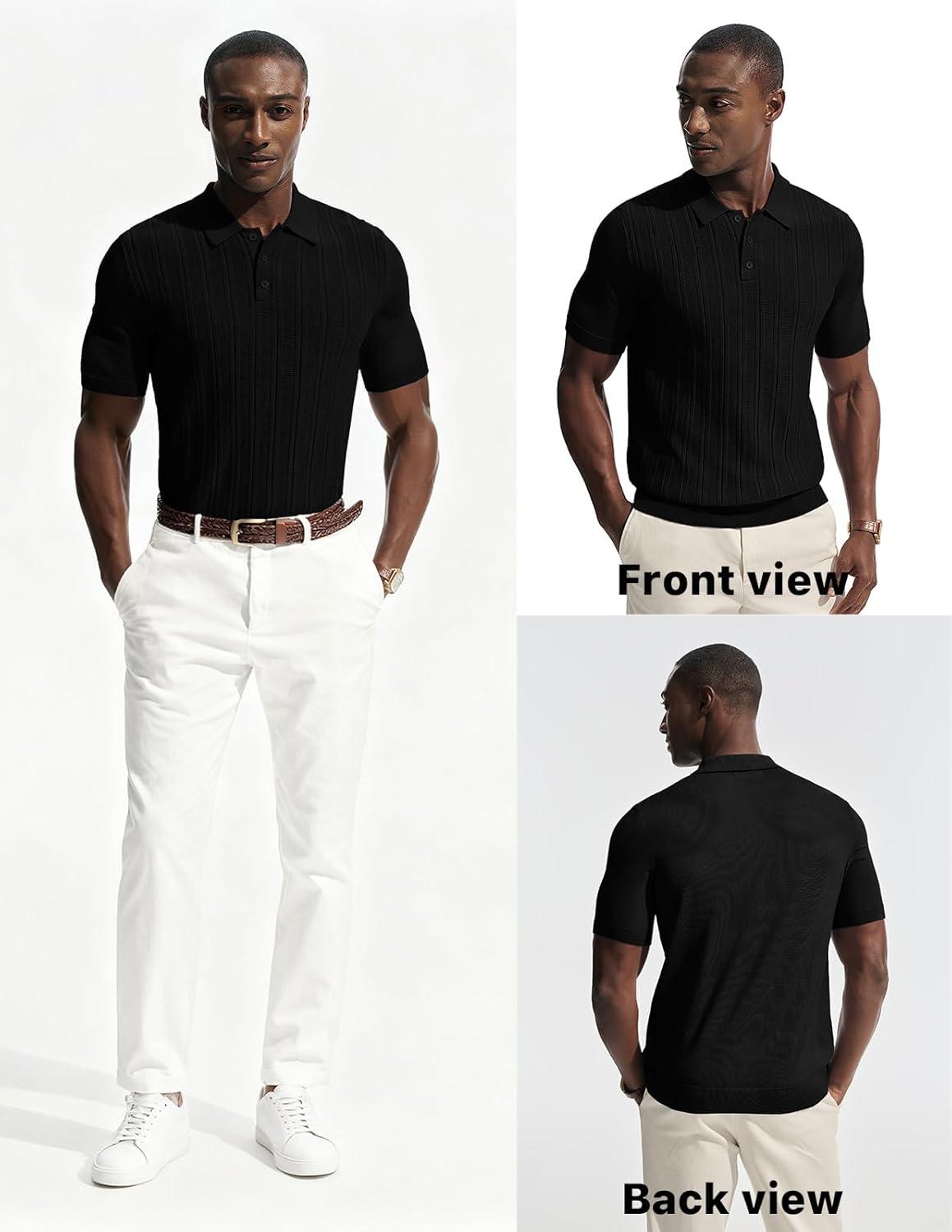 imagePJ APUL Jones Mens Knit Polo Shirts Short Sleeve Stretch Texture Knitted Polo Shirts Casual Lightweight Golf ShirtBlack
