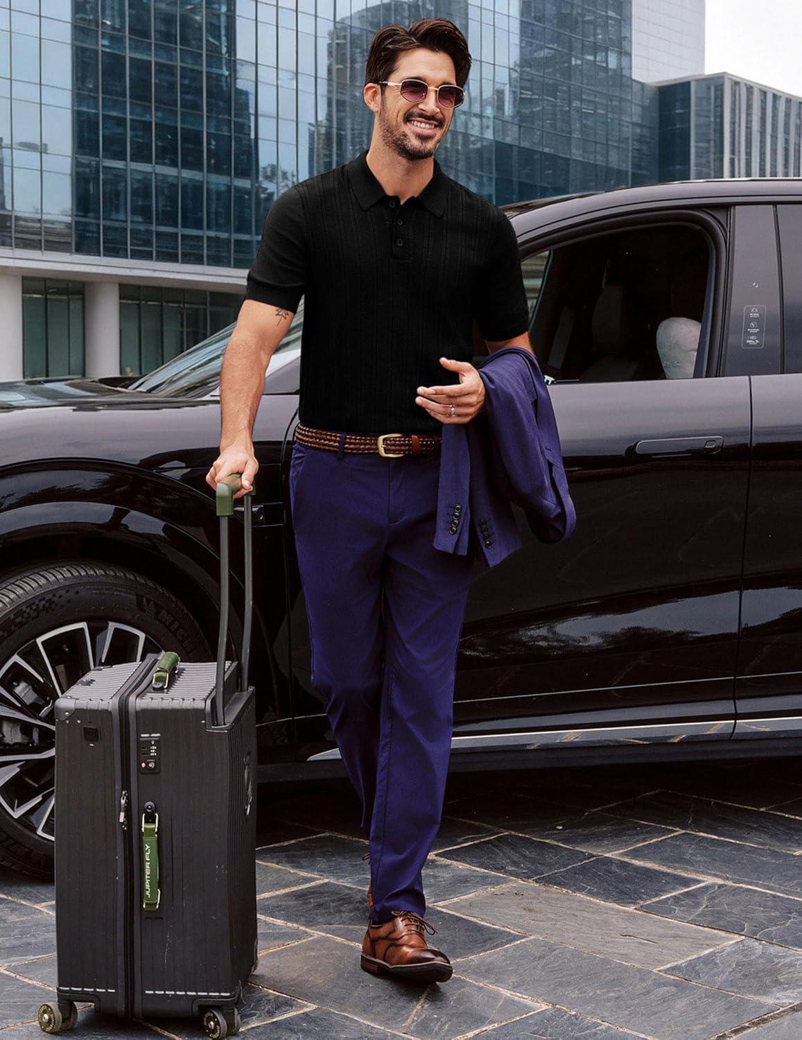 imagePJ APUL Jones Mens Knit Polo Shirts Short Sleeve Stretch Texture Knitted Polo Shirts Casual Lightweight Golf ShirtBlack