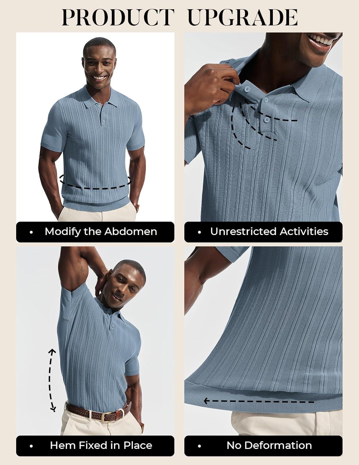 imagePJ APUL Jones Mens Knit Polo Shirts Short Sleeve Stretch Texture Knitted Polo Shirts Casual Lightweight Golf ShirtBlue Gray