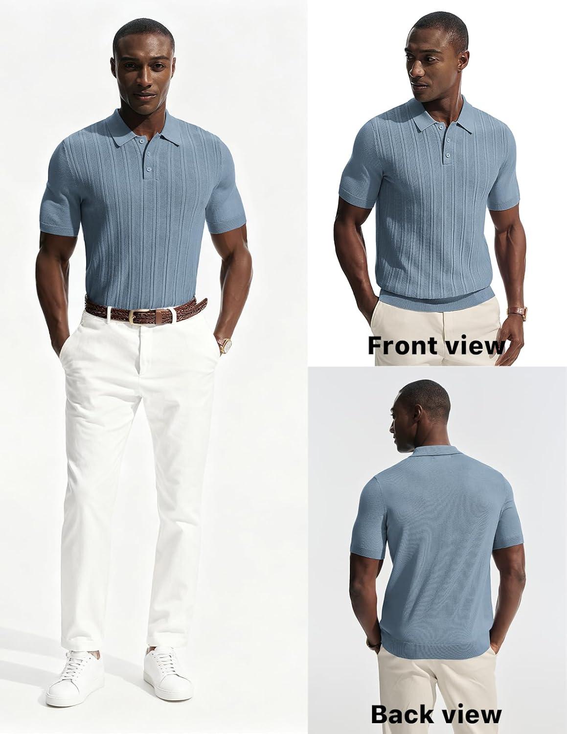 imagePJ APUL Jones Mens Knit Polo Shirts Short Sleeve Stretch Texture Knitted Polo Shirts Casual Lightweight Golf ShirtBlue Gray
