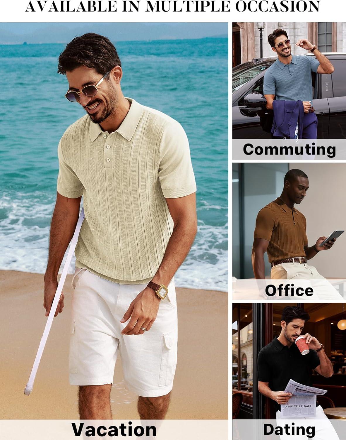 imagePJ APUL Jones Mens Knit Polo Shirts Short Sleeve Stretch Texture Knitted Polo Shirts Casual Lightweight Golf ShirtBrown
