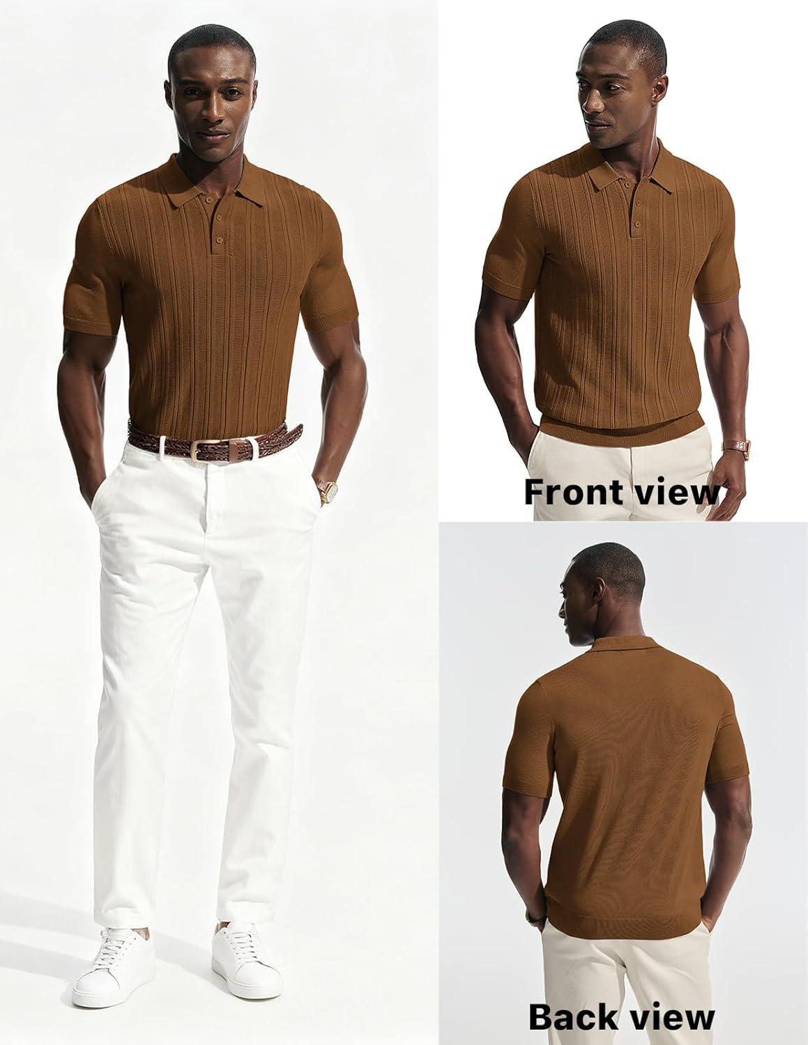 imagePJ APUL Jones Mens Knit Polo Shirts Short Sleeve Stretch Texture Knitted Polo Shirts Casual Lightweight Golf ShirtBrown