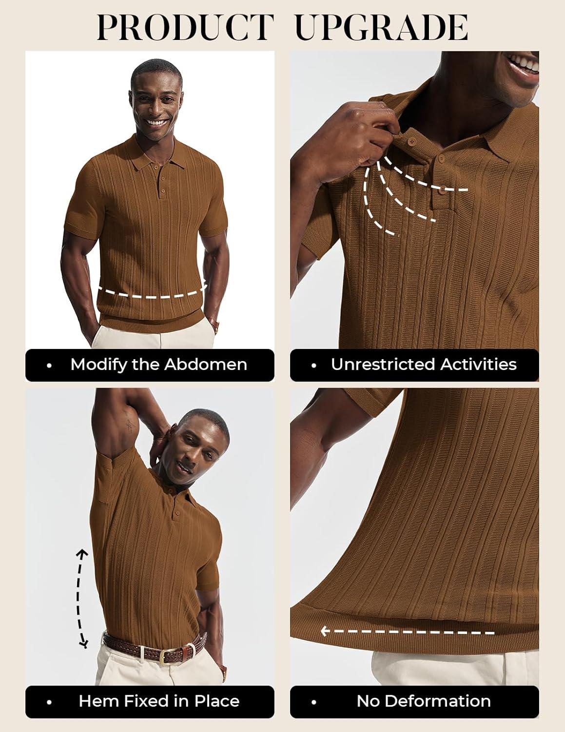 imagePJ APUL Jones Mens Knit Polo Shirts Short Sleeve Stretch Texture Knitted Polo Shirts Casual Lightweight Golf ShirtBrown