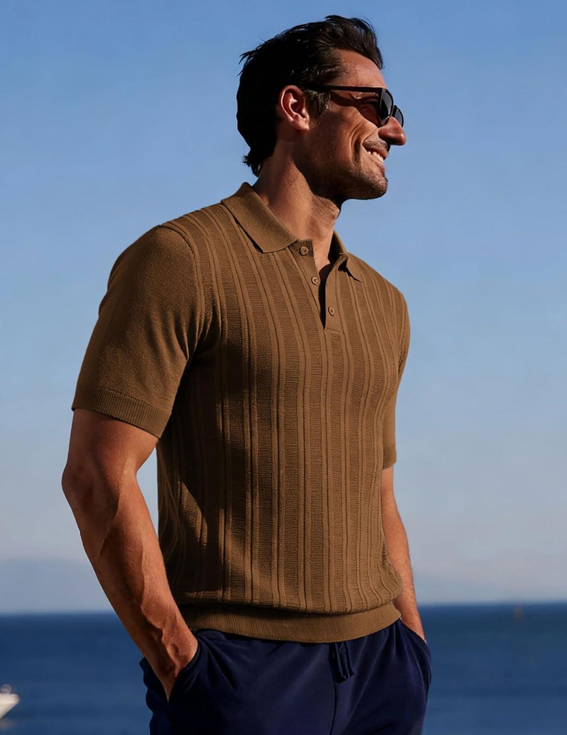 imagePJ APUL Jones Mens Knit Polo Shirts Short Sleeve Stretch Texture Knitted Polo Shirts Casual Lightweight Golf ShirtBrown