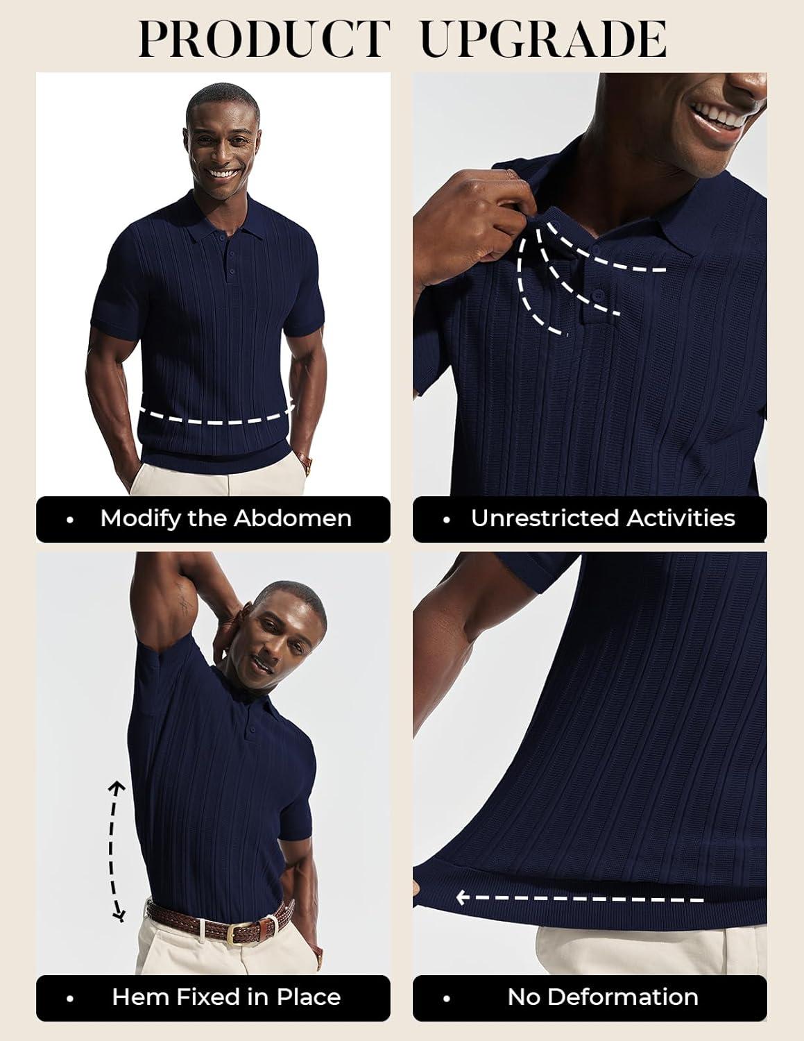 imagePJ APUL Jones Mens Knit Polo Shirts Short Sleeve Stretch Texture Knitted Polo Shirts Casual Lightweight Golf ShirtDark Blue