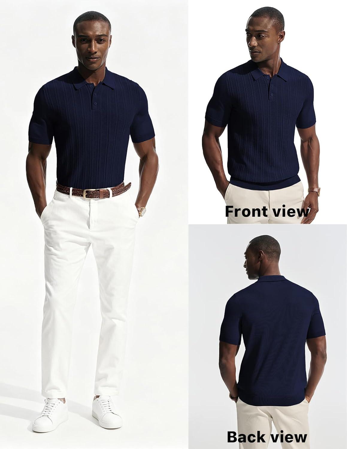 imagePJ APUL Jones Mens Knit Polo Shirts Short Sleeve Stretch Texture Knitted Polo Shirts Casual Lightweight Golf ShirtDark Blue