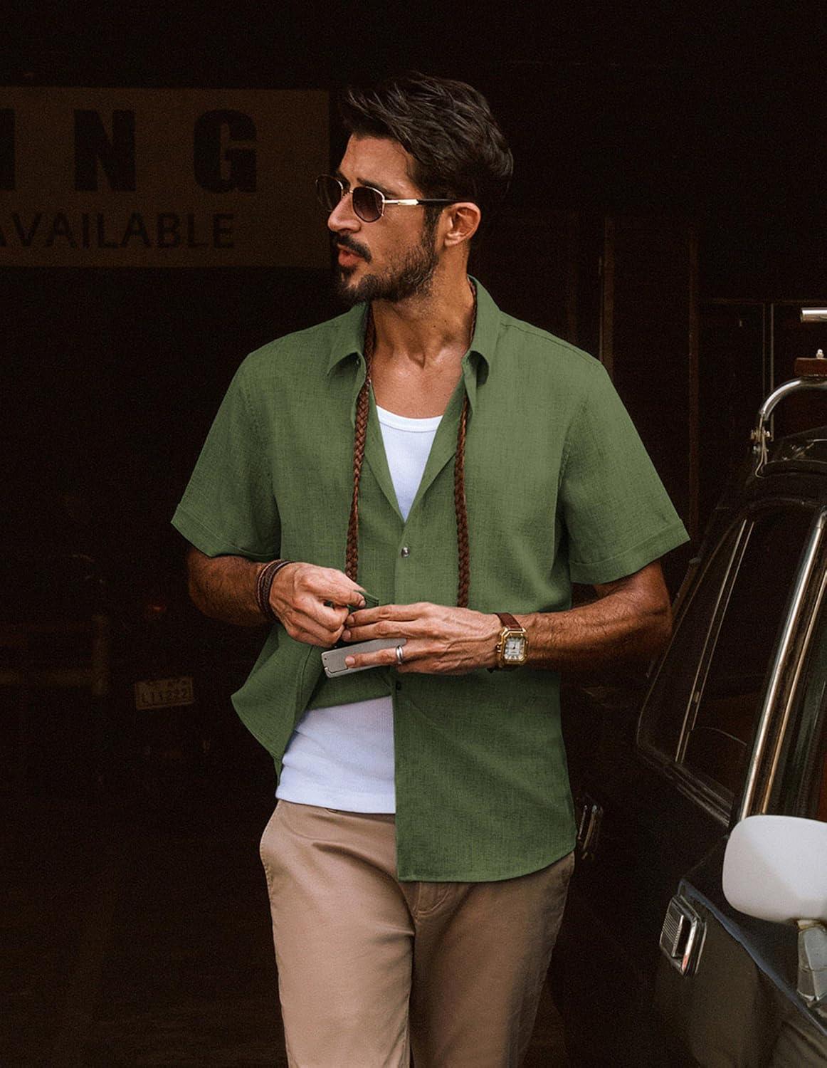 imagePJ Jones Mens Casual Shirts Short Sleeve Button Down Shirt Lightweight Summer ShirtsArmy Green