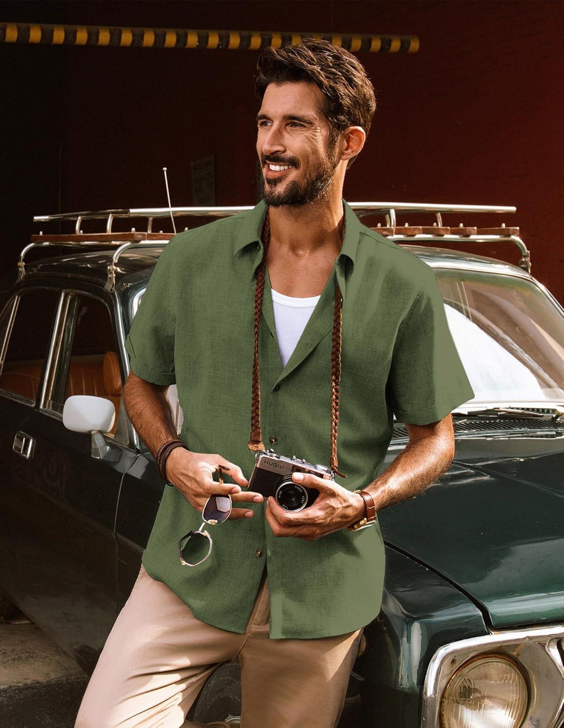 imagePJ Jones Mens Casual Shirts Short Sleeve Button Down Shirt Lightweight Summer ShirtsArmy Green