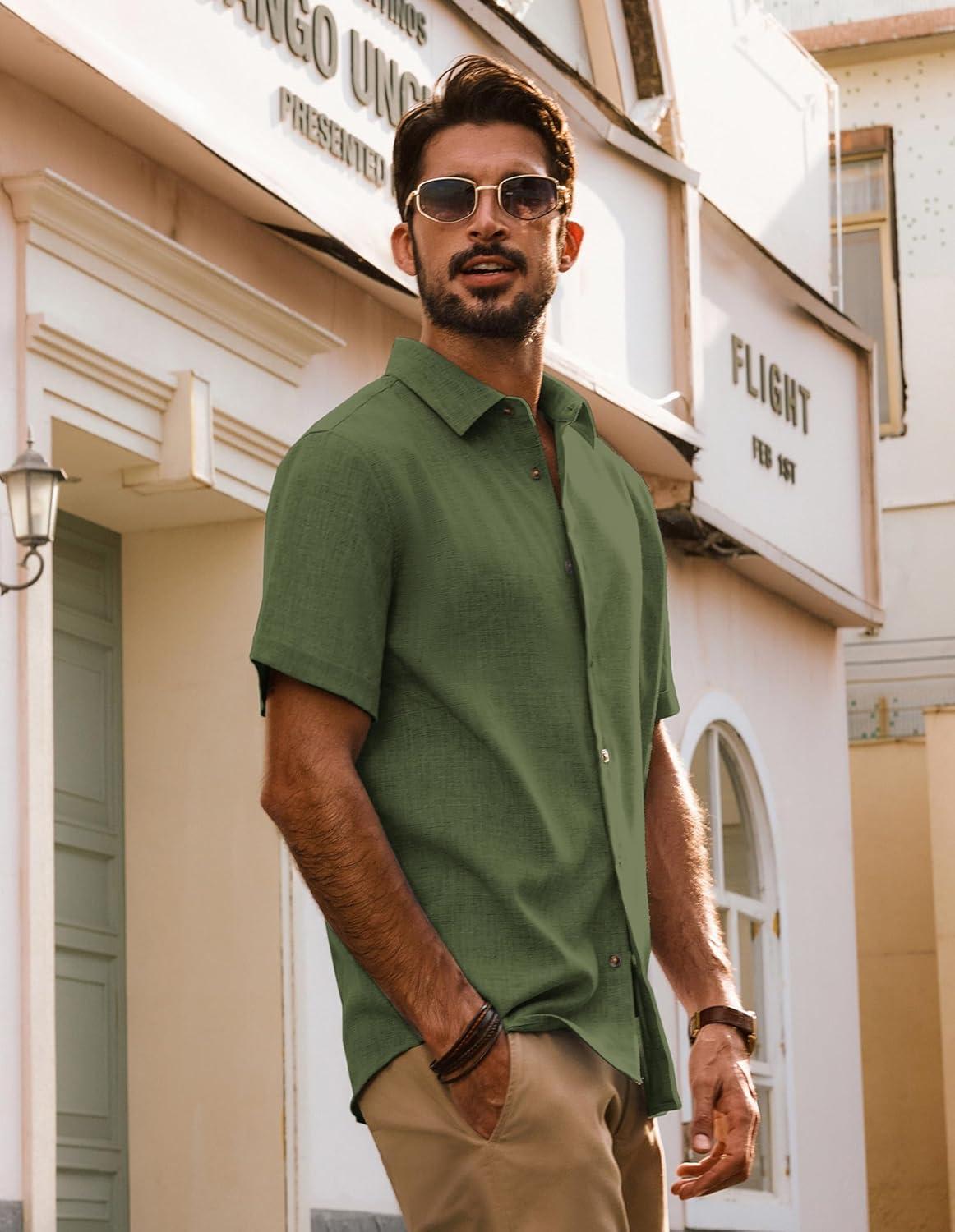 imagePJ Jones Mens Casual Shirts Short Sleeve Button Down Shirt Lightweight Summer ShirtsArmy Green