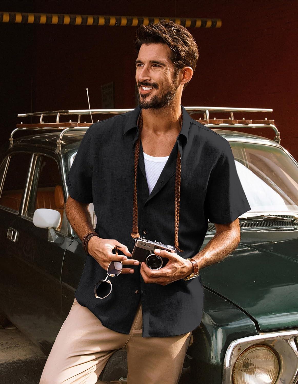 imagePJ Jones Mens Casual Shirts Short Sleeve Button Down Shirt Lightweight Summer ShirtsBlack