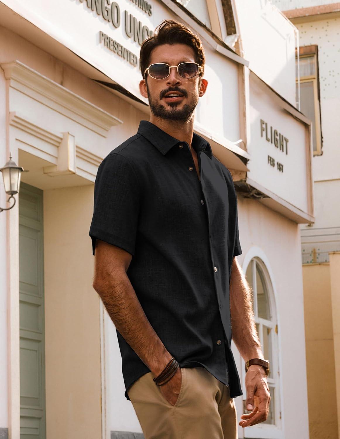 imagePJ Jones Mens Casual Shirts Short Sleeve Button Down Shirt Lightweight Summer ShirtsBlack