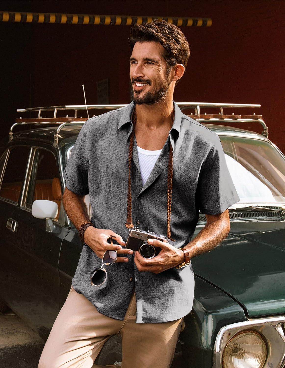 imagePJ Jones Mens Casual Shirts Short Sleeve Button Down Shirt Lightweight Summer ShirtsDark Gray