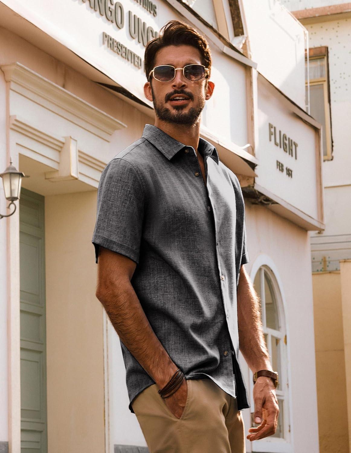 imagePJ Jones Mens Casual Shirts Short Sleeve Button Down Shirt Lightweight Summer ShirtsDark Gray